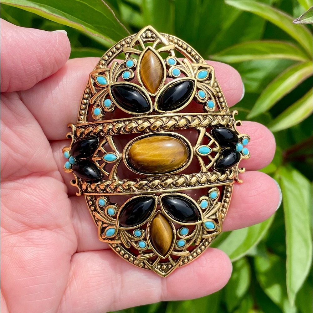 Vintage Joan Rivers Gold Plated Oval Brooch With Tiger’s Eye And Resin Stones